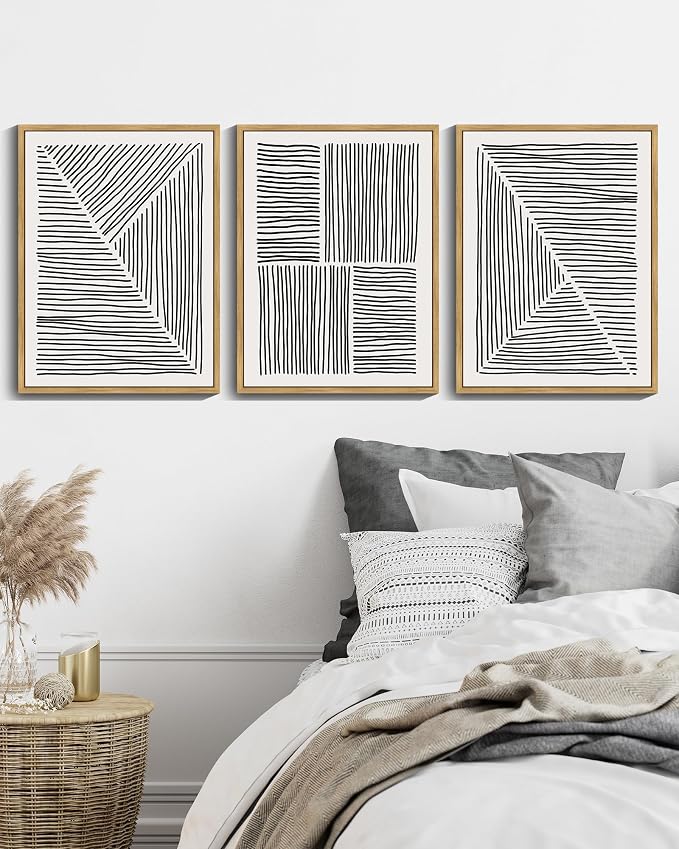 Drsoum Mid-Century Modern Framed Wall Art Minimalist Abstract Boho Black Line Wall Decor Geometric Artwork Kitchen Dining Room 11x14in Natural Framed