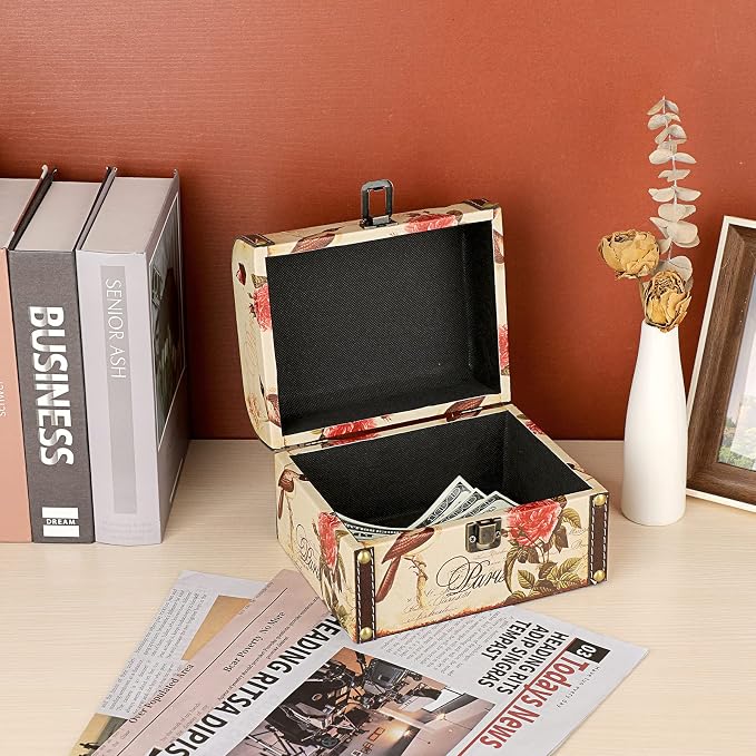 ELLDOO Decorative Treasure Chest Box, Wooden + PU Leather Storage Box for Jewelry Trinkets, Keepsakes box for Girls Women Gifts (Bird + Flower Pattern)