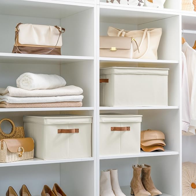 StorageWorks Storage Bins with Lids, Decorative Storage Boxes with Lid and PU Handles, Foldable Storage Baskets for Closet, Shelves, Stackable, Ivory, Jumbo, 3-Pack | Lidded Dust-proof, Easy Pull Handles, Foldable, Stackable, Ideal for Clothes Blanket ...