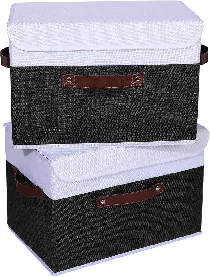 ANMINY Fabric Storage Box Bins with Lids, Black White, 15"x10"x10", 4 Pack | Keepsake Memory Storage, Cotton Linen, PP Board Reinforced, Washable, PU Handles, Foldable & Stackable, Decorative, Large