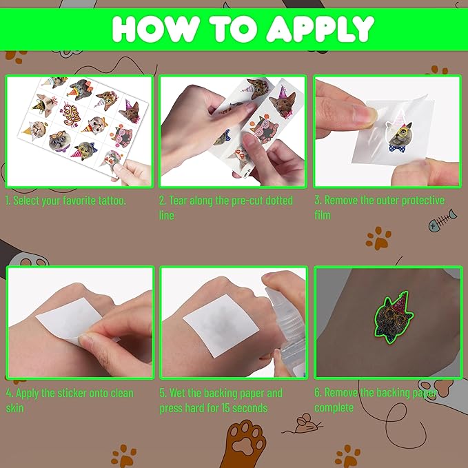 96 PCS Cat Cats Pet Pre-Cut Luminous Glow in the dark Temporary Tattoos for Kids | Super Cute Themed Birthday Party Favors, Supplies, Decorations, Animal Paw Fake Tattoo Stickers Gifts for Boys Girls
