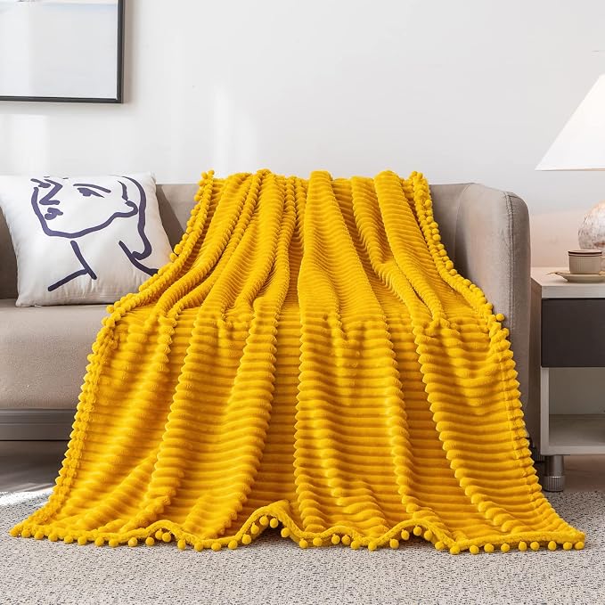 DISSA Fleece Blanket Twin Size – 60x80, Yellow - Soft, Plush, Fluffy, Fuzzy, Warm, Cozy – Perfect Throw for Couch, Bed, Sofa - with Pompom Fringe - Flannel Blanket