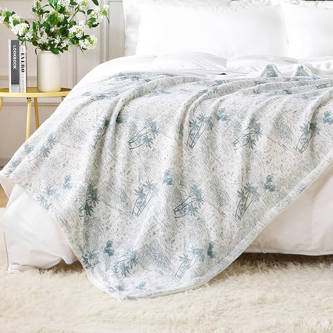 Viviland Cotton Blanket Muslin Blankets for Adult Reversible Flannel, Gifts for Women, Cozy and Soft for All Seasons, Home Decor Throw for Sofa, Chair, Coastal Toile, 50x70 inches
