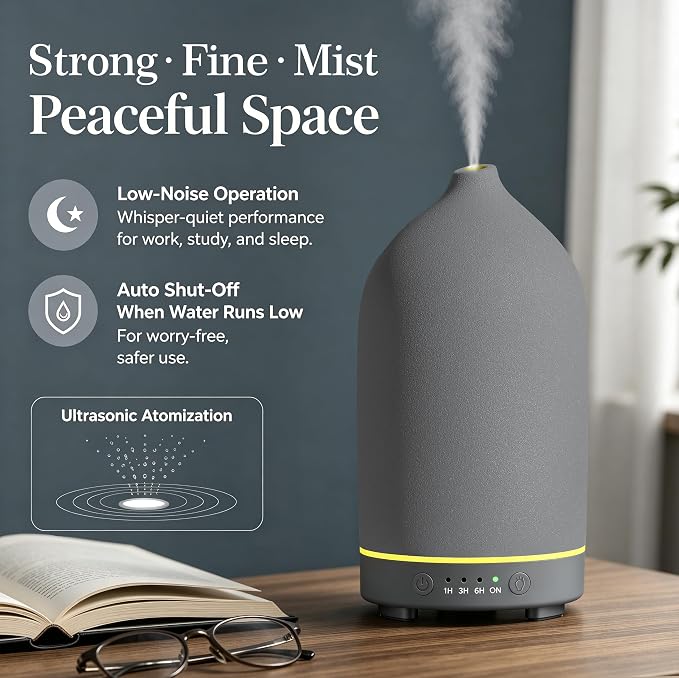 Gooamp 200ML Ceramic Essential Oil Diffuser - Ultrasonic Aromatherapy & Humidifier with 7-Color LED Lights, Auto Shut-Off, Grey, 1H/3H/6H Timer | Scent for Home,Office,Yoga