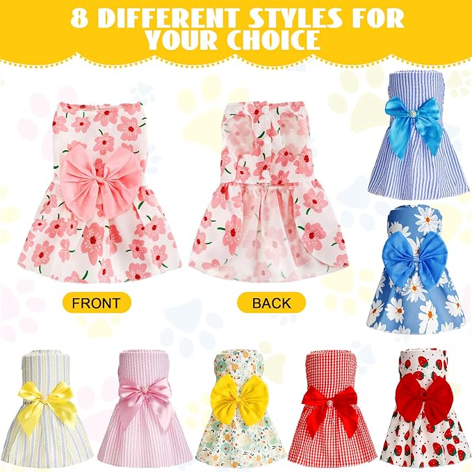 Sanwuta 8 Pieces Dog Bowknot Dresses Puppy Clothes Outfits Princess Dresses Soft Lightweight Summer Fruit Floral Pattern Pet Skirts for Girl Puppy(Cute,XX-Large)