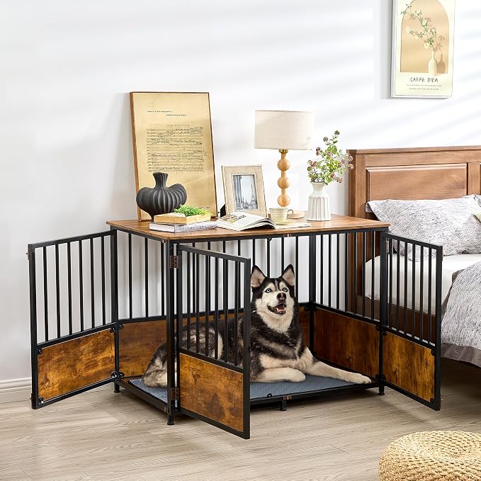 KOOPRO 43.7" Dog Crate Furniture w/Cushion for Large Dog, Heavy Duty Kennel | Wooden with Double Doors Indoor, Decorative Pet House Dog Cage Side End Table, Rustic Brown