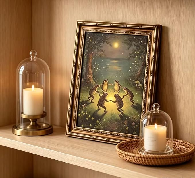 Vintage Gold Framed Frog Wall Art,Frogs Dancing in Moonlight Forest Painting Canvas Prints,Whimsical Animal Wall Decor,Retro Country Toad Poster Artwork,for Corridor Living room Bedroom Kitchen