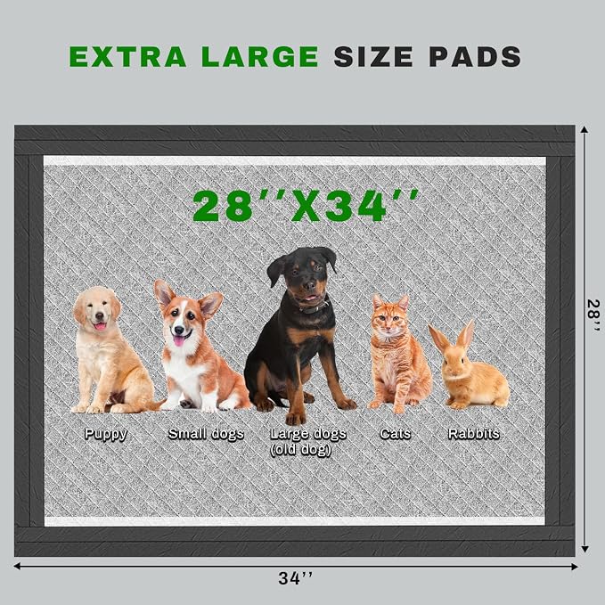 Charcoal Puppy Pads 28x34 Inches Extra Large Dog Pee Pads Odor-Control & Leak-Proof Disposable Pet Training Edge-Wrapping Thicken Potty Pad for Dogs, Cats, Rabbits (150 Pieces)