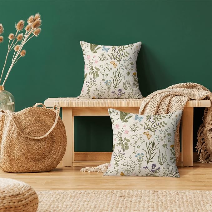 AEIOAE Spring Pillow Covers 22x22 Inch Set of 2,Sage Green Wild Flower Plant Throw Pillows Case,Seasonal Floral Outdoor Decorative Square Linen Farmhouse Decor Cushion Covers for Home Sofa Bed Couch