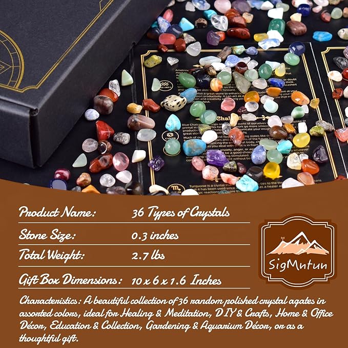 36 Varieties Healing Crystal Chips Stones Set – Christmas Gift 2.5 lbs, 0.3" Natural Polished & Tumbled Gemstones Collection and Small Decorative Rocks for Chakra, Meditation, Reiki, Crafts