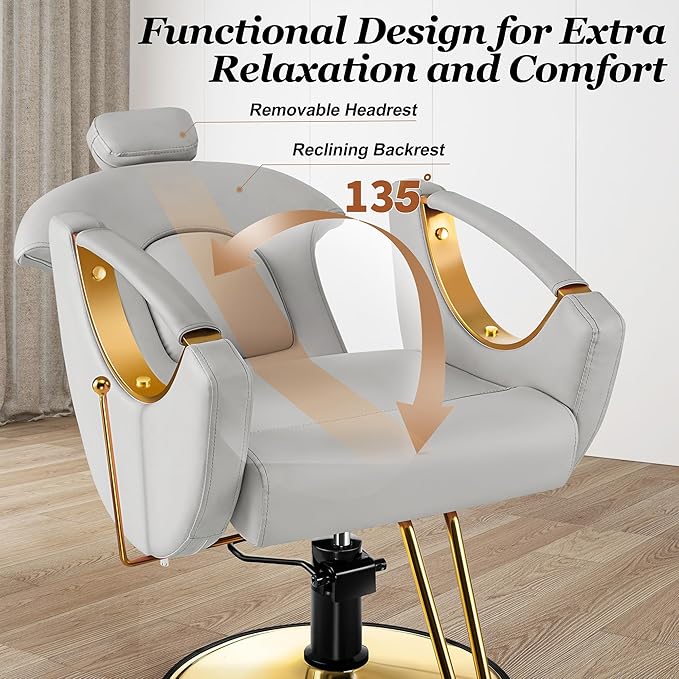 Baasha Ergonomic Reclining Salon Chair with Adjustable & Removable Headrest, Gold & Gray Hydraulic Styling Chair, Soft PU Leather, 135° Recline, 360° Swivel, Heavy-Duty Steel Frame, 330 lbs Capacity