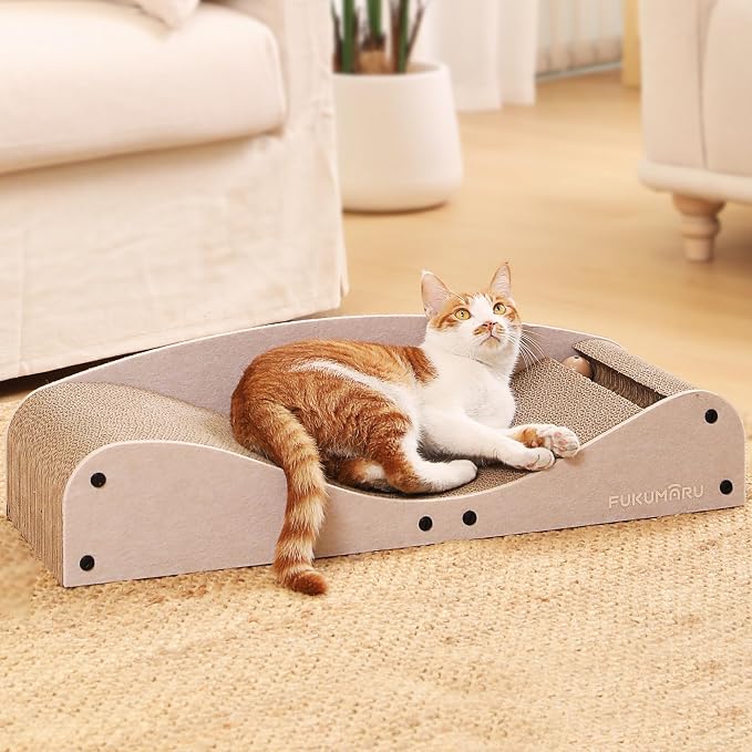 FUKUMARU Cardboard Cat Scratcher Bed, Extra Large 29.1 Inch Cat Scratch Pad | Cat Scratching Bed Couch Indoor, Natural Felt Multifunctional, Horizontal Kitten Scratch Bed Lounger With Ball Toy, Camel