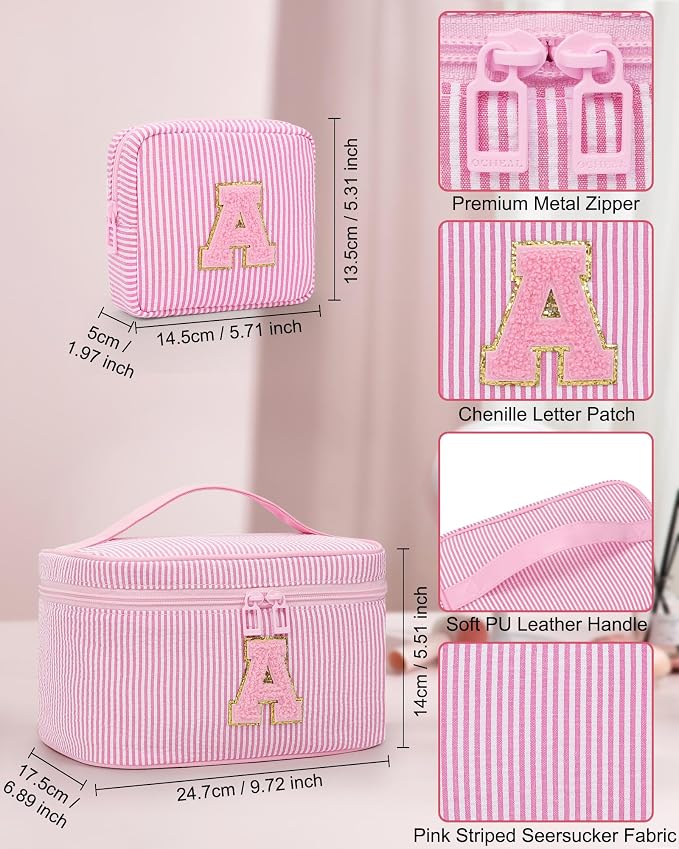 MONSTINA Initial Makeup Bag,Monogram Pouch Gifts for Teens,Personalized Cosmetic Bag for Girls&Women,Cute Letter Make Up Bag,Pink A
