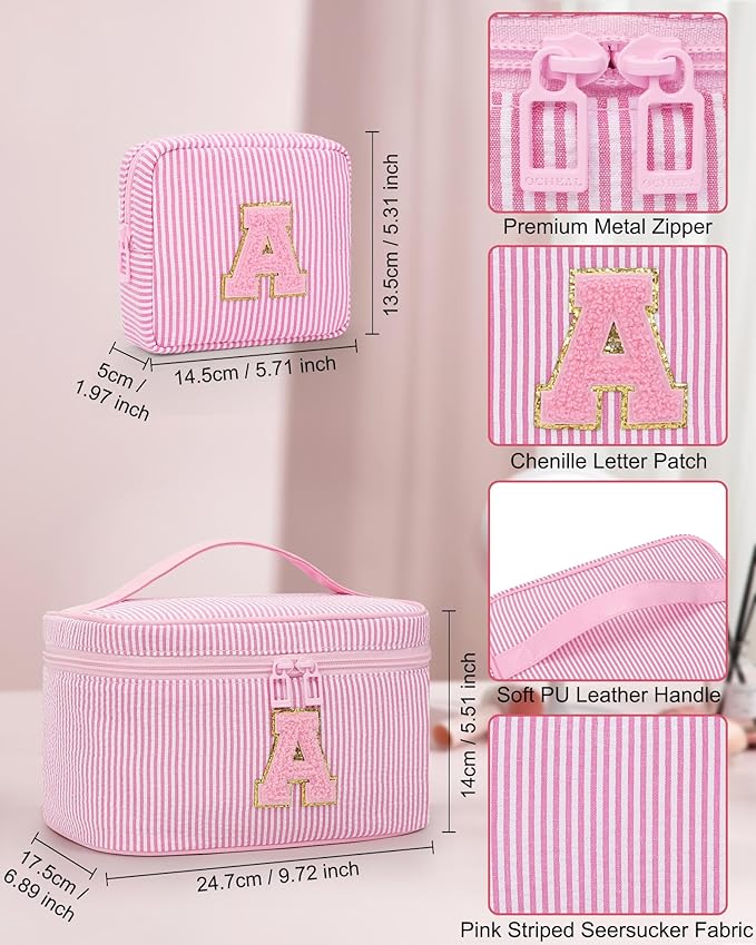 MONSTINA Initial Makeup Bags for Women|Cosmetic Bag for Travel Toiletry - Birthday Gifts for 11 12 13 14 15 16 17 18 Years Old Girls- Graduation Teen Girl Gifts Trendy Stuff Teacher Gift,Pink S