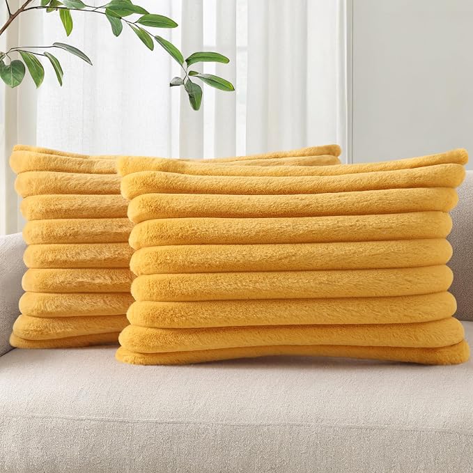 Pallene Faux Fur Decorative Throw Pillow Covers 12x20 Set of 2, Yellow | Luxury Plush Texture, Striped Design, Cozy Soft Touch, Modern Home Accent Decor for Couch, Sofa, Bed, Living Room