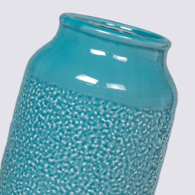 9 Inch Blue Ceramic Vase for Flowers - Textured Teal Cylinder Vase for Table Centerpieces, Modern Boho Vases Home Decor, Living Room, Kitchen Decor