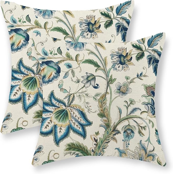 Blue Green Pillow Covers 16x16 Set of 2 Sage Green Chinoiserie Floral Throw Pillows Boho Vintage Flowers Decorative Pillowcase Outdoor Chinoiserie Decor Farmhouse Cushion Case for Couch Sofa