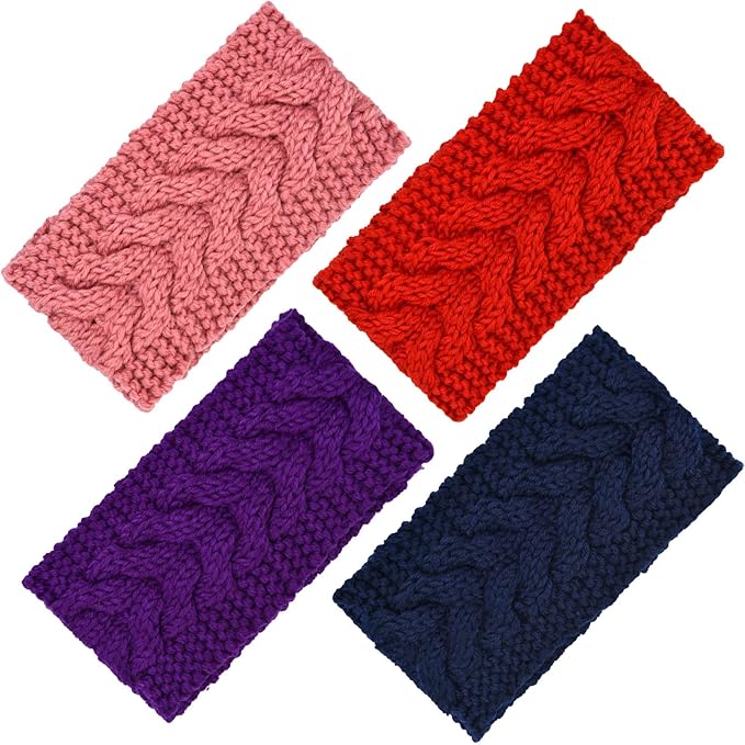 4 Pieces Winter Ear Warmers Headbands Women Warm Knitted Headband Braided Crochet Head Wraps(Pink, Red, Navy Blue, Purple)