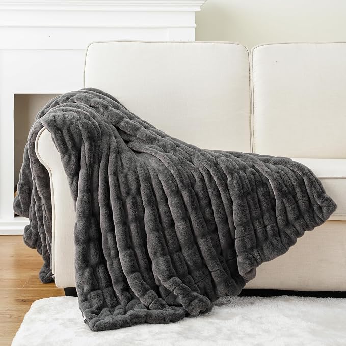 BATTILO Grey Faux Fur Throw Blanket for Couch, 60"x80", Double Side | Luxury Large Minky Couture Blanket, Premium Silky Cozy Warm Soft Fluffy Faux Fur Blanket For Bed, Sofa Living Room