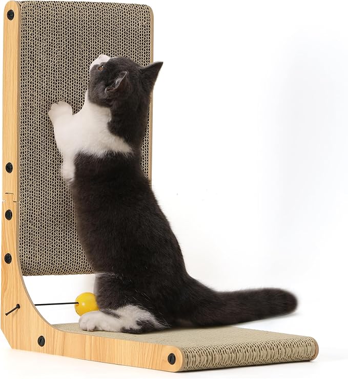 FUKUMARU Cat Scratcher, 18.9 Inch L Shaped Cat Scratch Pad for Indoor Cats | Vertical Cat Scratching Board with Ball Cat Toy, Cardboard Cat Scratcher for Wall Sofa Couch, Kitten Scratching Post