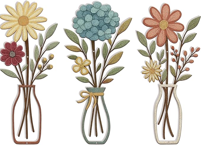 3 Piece Metal Flower Wall Art for Bedroom Living Room Rustic Farmhouse Floral Wall Decor for Bathroom Dining Room Boho Home Decorations Modern Minimalism Walls Hanging Sculptures(Yellow Blue)