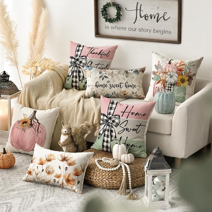 AVOIN colorlife Fall Pumpkin Home Sweet Home Throw Pillow Covers, 18 x 18 Inch Autumn Thankful Grateful Blessed Harvest Floral Pink Decorations for Sofa Couch Set of 4