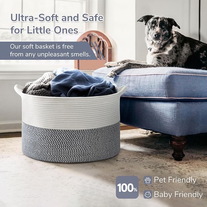 INDRESSME XXXLarge Woven Rope Blanket Basket Living Room Navy, 90L | 21.7" x 13.8" Storage baskets for toys laundry & pillows. Fits living room, bedroom or nursery décor. Soft-touch with handles