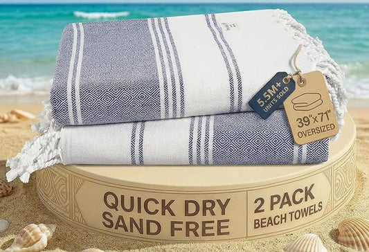 LANE LINEN Beach Towel 2 Pack - Beach Towels Oversized, Pre-Washed Large Beach Towels, Sandless Beach Towel, Quick Dry Travel Towel, Large Pool Towels, 39"x71" - Navy Blazer