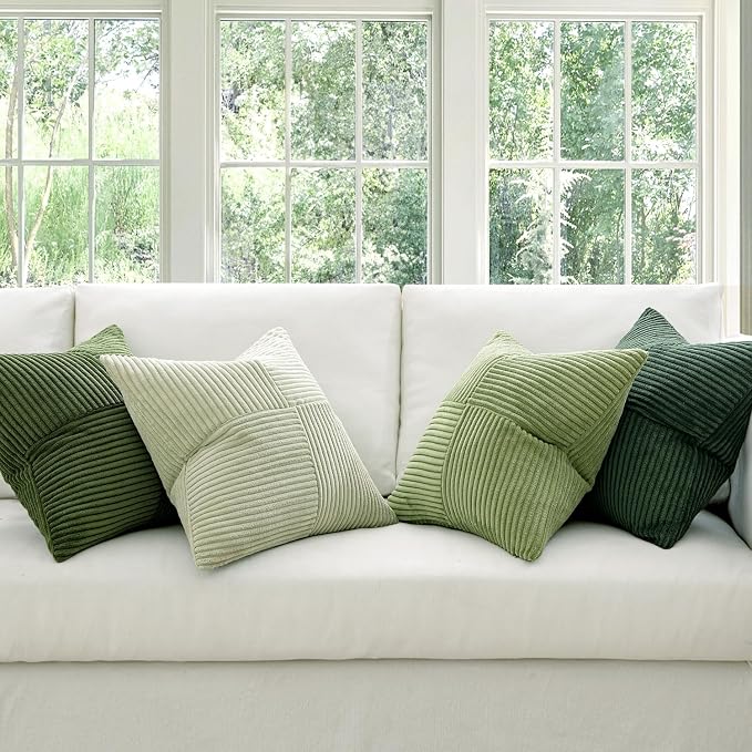 MIULEE Spring Green Decorative Throw Pillow Covers 18x18 Inch Set of 4 Boho Farmhouse Cushion Covers Mordern Nordic Pillow Cases Soft Corduroy Gradient Home Decor for Couch Sofa Living Room Bed