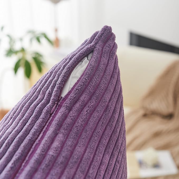Home Brilliant Purple Pillow Cover 18x18 Supersoft Striped Velvet Corduroy Decorative Throw Pillow Case Throw Pillow for Sofa, Eggplant, (45x45 cm, 18inch)