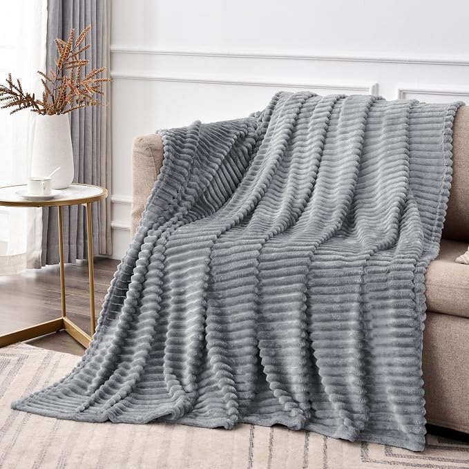 BEDELITE 3D Ribbed Jacquard Grey Fleece Throw Blanket for Couch, 50x70 Inch | Soft Warm Decorative Fluffy Blanket, Cozy Plush Lightweight Fuzzy Throw Blanket for Bed Sofa Home Room Decor, Gift for Women