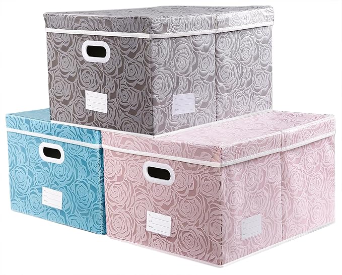 Jumbo Collapsible Storage Cubes with Lids Fabric Decorative Storage Bins Boxes Organizer Baskets with Cover Handles for Bedroom Closet Living Room 23.2x15.7x11.8 Inch 3 Pack