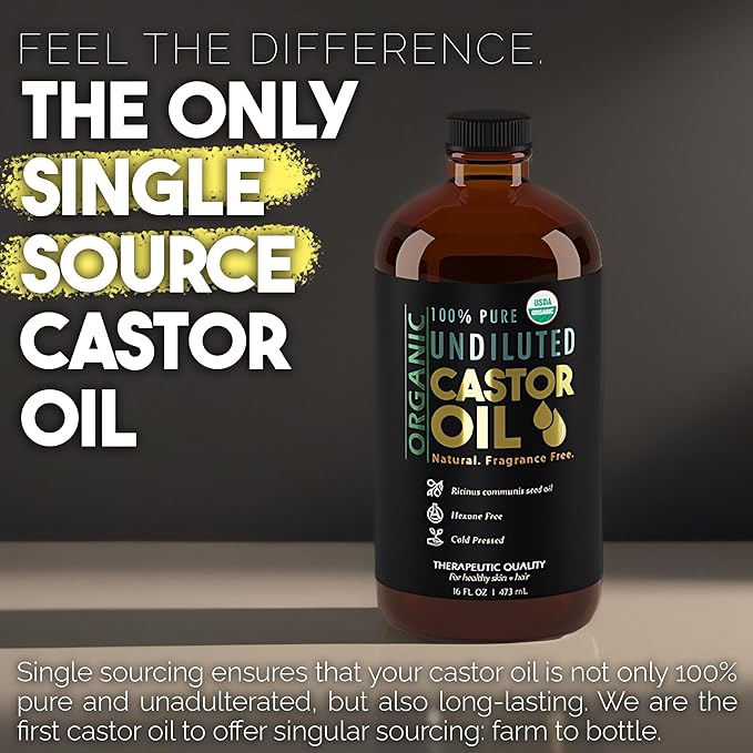 BALM OF GILEAD Organic Castor Oil for Skin Hydration - Therapeutic Cold Pressed, USDA Certified 100% Pure, Glass Bottle - 16 oz Unrefined, Hexane Free, Castor Oil for Hair & Eyelashes Growth