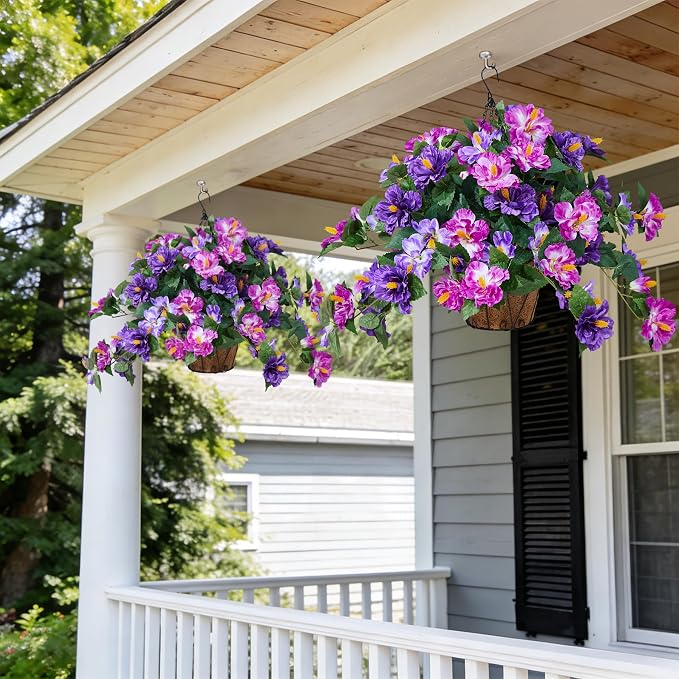 INXUGAO Artificial Flowers for Outdoors Indoors,3 Bunches Fake Hibiscus with Hanging Basket Realistic UV Resistant Silk Flower Leaves,Faux Plant for Outside Home Patio Garden Poch(Purple,Fuchsia)