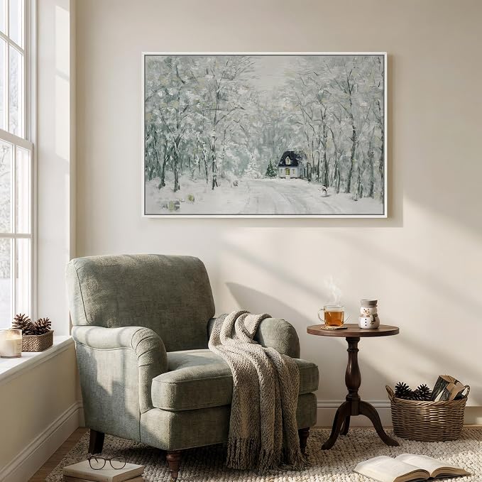 Framed Forest Landscape Wall Art, Modern Cottage Canvas Art Prints, Contemporary Nature House Pictures Wall Decor for Living Room Bedroom Dining Room Hallway Office 24x36 In