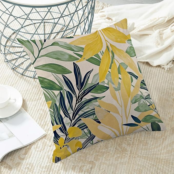 Summer Pillow Covers 18x18 Inches Set of 2 Sage Green Yellow Leaves Throw Pillow Covers Outdoor Modern Spring Summer Leaf Decoration Pillowcase Farmhouse Decorative Cushion Cover For Couch Sofa