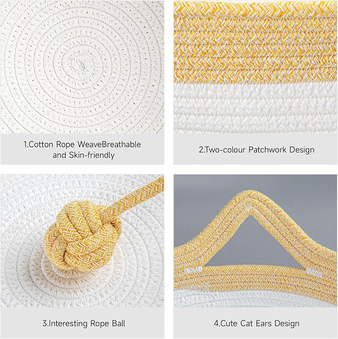 Cotton Rope Woven Cat Bed, Instinct Pet Basket with a Play Ball, Large | Foldable Cat Scratcher Basket for Indoor Cats, Puppies, Rabbits and Small Pets, Yellow & White