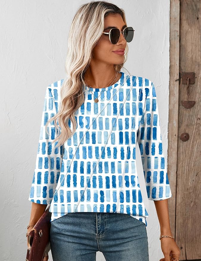 LOMON 3/4 Length Sleeve Womens Tops Spring Summer Fashion 2026 Tops Crew Neck Pleated Shirts Tunic Top Loose Fit