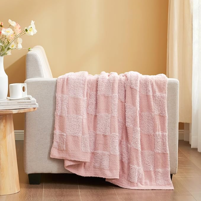 Snuggle Sac Checkered Throw Blanket,Fluffy Faux Fur Knitted with Soft Microfiber Warm Throw Blankets for Couch, Sofa, Chair, Bed, Camping, Picnic, Travel, Solid Pink, 50x60 inches
