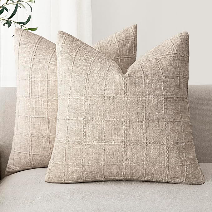 Foindtower Set of 2 Decorative Linen Check Throw Pillow Covers Neutral Farmhouse Vintage Cushion Covers Modern Boho Home Decor for Sofa Chair Couch Bedroom Living Room,22×22 Inch,Natural Linen