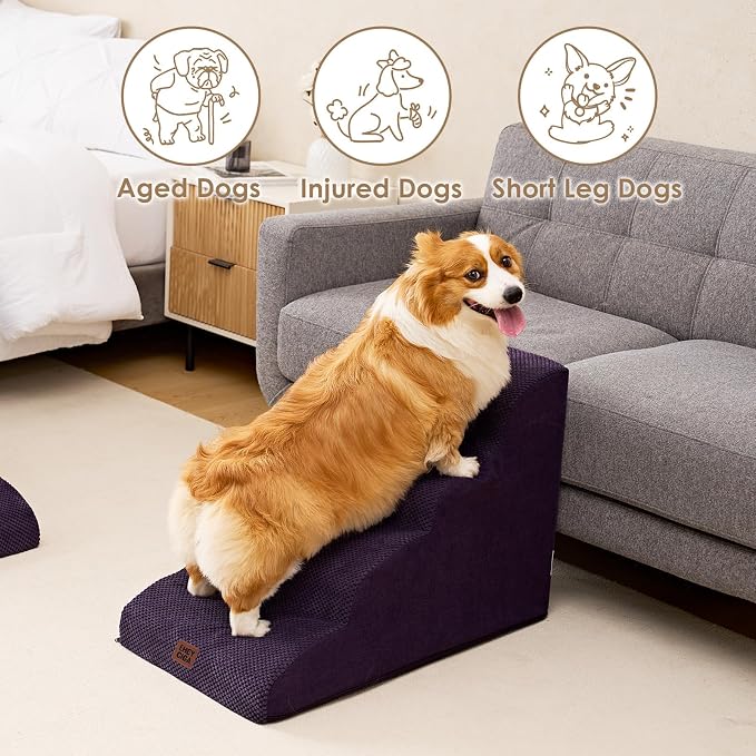 EHEYCIGA Curved Dog Stairs Ramp, 4-Step High Beds, 19.7" H Pet Step | 33D density of pure foam, for Small Dogs and Cats, Pet Stairs for High Bed Climbing, Non-Slip Balanced Indoor, Purple