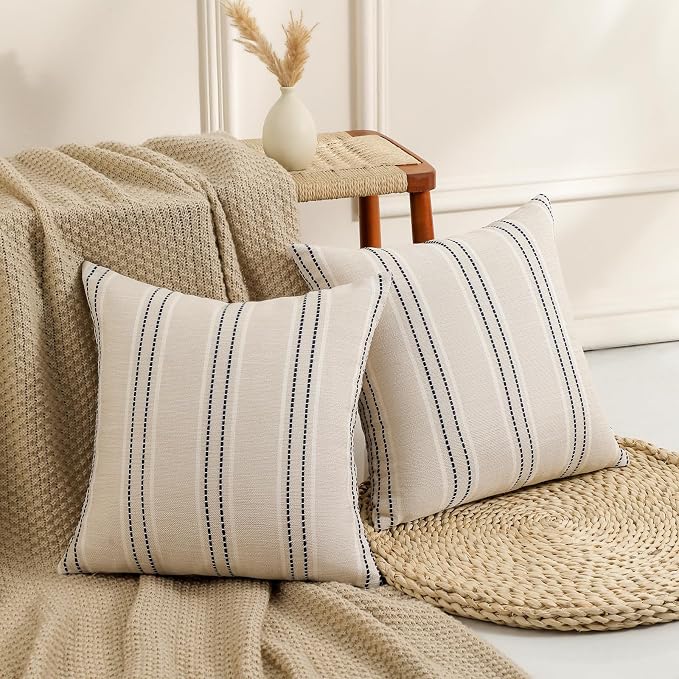 Hckot Navy Blue Throw Pillow Covers 24x24 Set of 2 Striped Pillow Covers Textured Linen Decorative Pillows Square Cushion Covers for Sofa Couch Bed Living Room Farmhouse Decor
