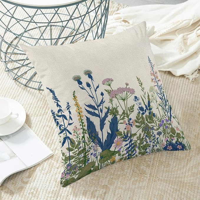 AEIOAE Navy Blue Teal Pillow Covers 18x18 Inch Set of 2, Spring Wildflower Plant Throw Pillows Case,Seasonal Floral Outdoor Decorative Flowers Farmhouse Decor Cushion Covers for Home Sofa Bed Couch