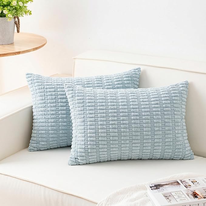 Pack of 2 Corduroy Decorative Throw Pillow Covers 12x20 Inch, Sky Blue | Fall Soft Striped Pillow Covers Modern Farmhouse Home Decor Christmas Throw Pillow Covers for Sofa Living Room Couch Bed