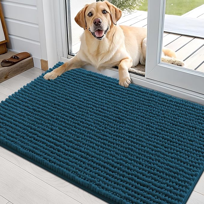 OLANLY Dog Door Mat for Muddy Paws 36x24, Extra Absorbent Chenille Mud Mat | Atlantic Blue, Absorbs Moisture and Dirt, Non-Slip Machine Washable Doormat, Quick-Drying Indoor Entryway Floor Mat for Dogs