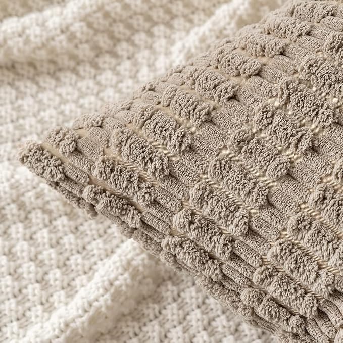 MIULEE Corduroy Decorative Throw Pillow Covers 20x20 Light Brown Pack of 2 | Soft Boho Striped Pillow Covers Modern Farmhouse Fall Home Decor For Sofa Living Room Couch Bed