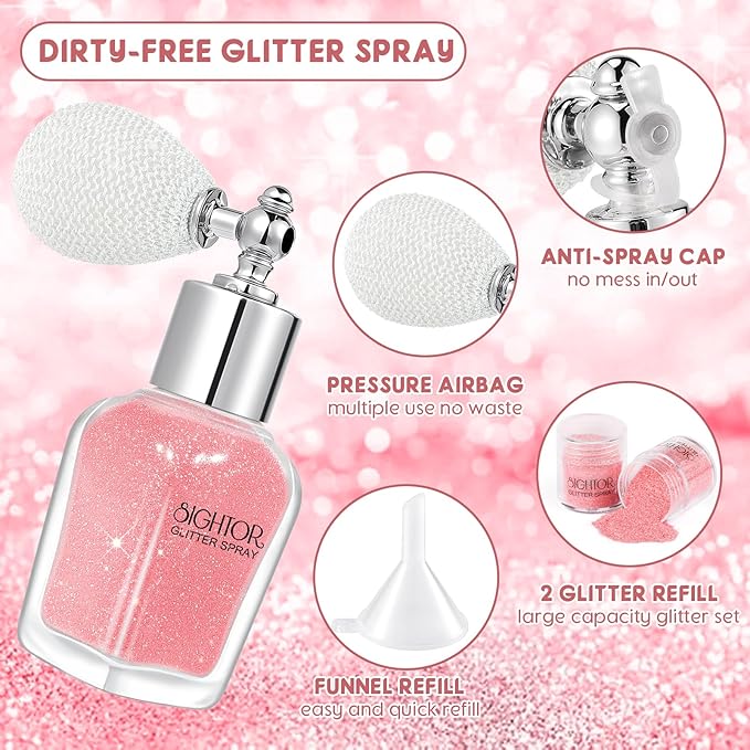 SIGHTOR Body Glitter Spray, 30ML Shiny Spray for Body Hair Face Clothing, Highlighter Powder Spray Shimmer Sparkle Pearl Powder Makeup Nail Art Spray for Stage Makeup Party (Pink)