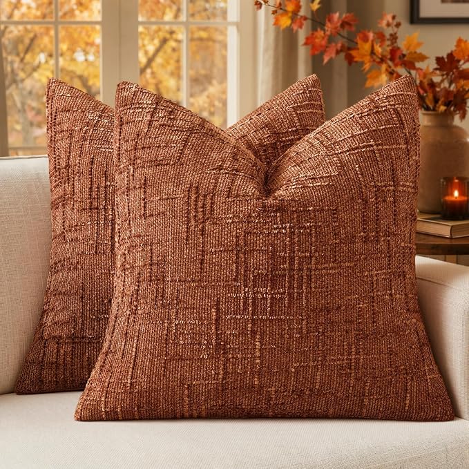 MIULEE Chenille Textured Fall Euro Throw Pillow Covers Burnt Orange 22x22 | Set of 2, Slubby Decorative Pillows, Boho Farmhouse Home Decor, Modern Neutral Cushion Covers for Couch Sofa Bed Living Room