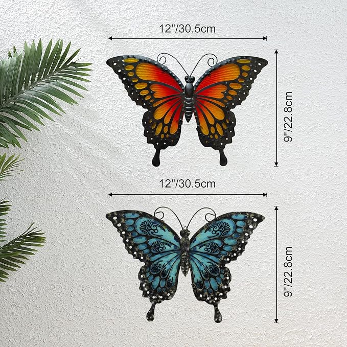 LIFFY Metal Butterfly Wall Decor,2Pack 12" Hanging Glass Butterfly Outdoor Decor,Home Orange Butterflies Decorative Ornaments Outside for Garden,Yard,Fence,Patio