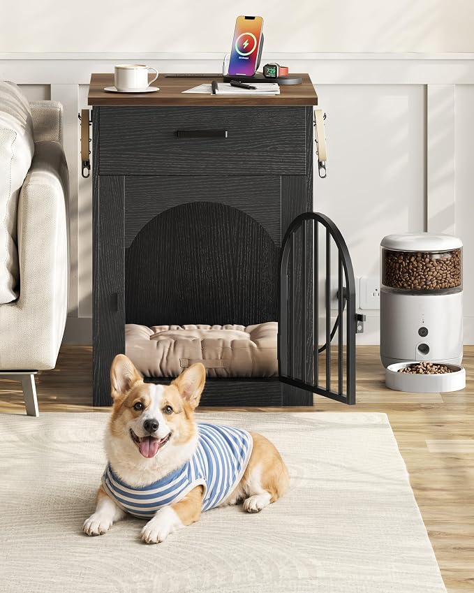 CHOEZON Dog Crate Furniture, Wooden Dog Kennel with Charging Station and Storage Drawer, Indoor Pet Crate End Table for Small Breeds,Dog Cage for Living Room, Bedroom, Black and Walnut MGW01UBL